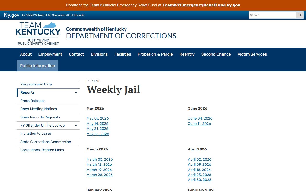Kentucky DOC weekly jail report for Jackson County Detention Center population